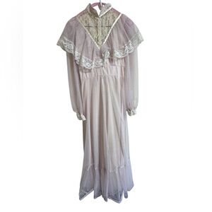 Vintage 70s Lace Prairie Maxi Dress Sheer Polka Dot Gunne Sax Style